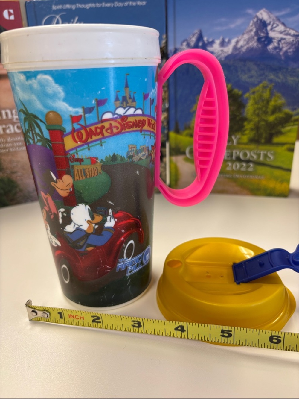 Disney Multi-Color Character Travel Mug with Pink Handle and Yellow Lid